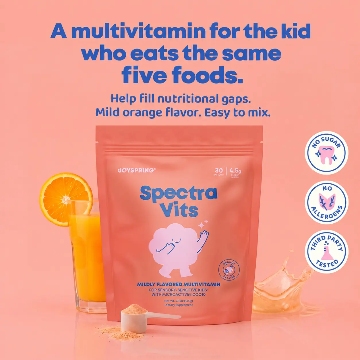 *NEW* JoySpring Spectra Vits Kids Multivitamin Powder | 38 Nutrients + Probiotics & Enzymes | Mild Orange Mix-In for Picky Eaters | Ages 4+