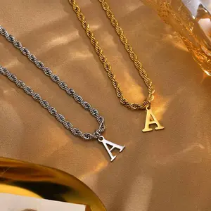 Initial Letters Necklaces for Men Boys,Stainless Steel A-Z 26 Alphabet Charm Pendant with  Twisted Rope Chain Gift