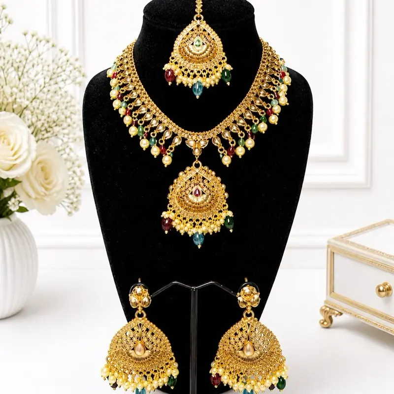 Gold-Look Necklace Set with Earrings & Tikka