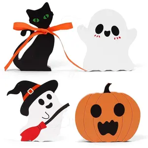 Cute Halloween Decorations Indoor, 4PCS Ghost Wooden Signs Pumpkin Cat Blocks for Tiered Tray Decor, Halloween Decor for Office Home Party Shelf Display Apartment