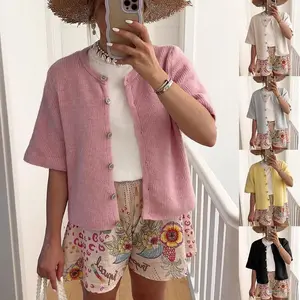 Women's Lightweight Cardigan Short Sleeve Button-Down Summer Cardigan Sweater Knitwear Womenswear Blue Tops