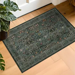 Dark Green Washable Entry Rug - Front Door Throw Rugs Indoor, Non-Slip Bathroom Small Rugs, Vintage Floral Thin Rug for Kitchen, Boho Entryway Décor (2x3 D