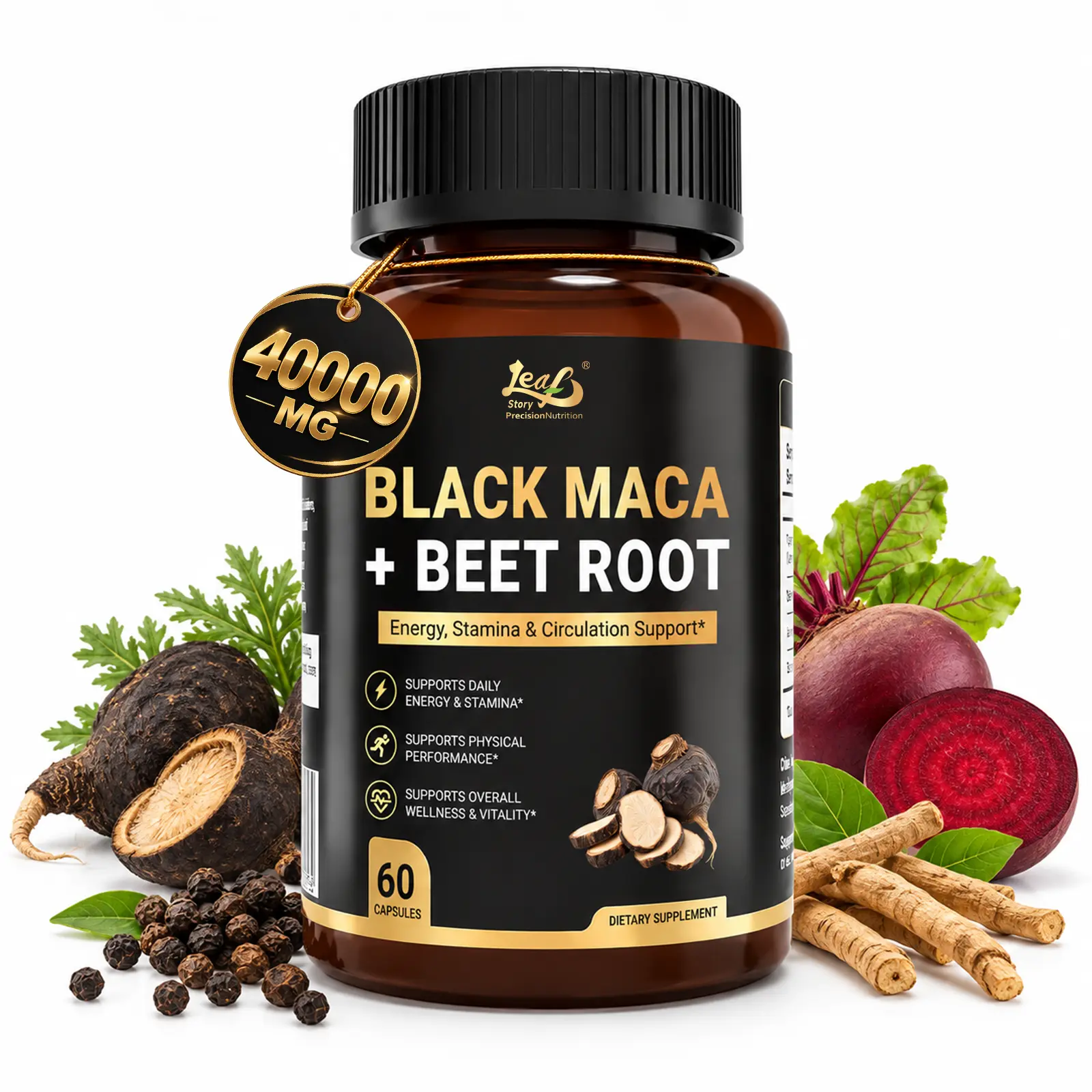 LeafStory Black Maca Supplement for Men with Organic Black Maca Root 40:1 Extract, Beet Root Extract, Ashwagandha & Black Pepper, Energy, Stamina, Circulation & Vitality Support Formula, 60 Capsules-F
