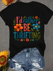 Women's Plus Size Funny "I'd Rather Be Thrifting" T-Shirt - Vintage Thrift Store Slogan with Multicolor Floral Print (Pink, Blue, Orange, Teal, Green) - Quick-Dry Casual Summer Tee for Thrifting Outfits, Short Sleeve Round Neck Top