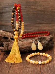 Random Color Boho Style Beaded & Tassel Decor Matching Jewelry Set, Vintage Beaded Necklace & Bracelet & Dangle Earrings, Necklaces Earrings Set, Fashion Accessories for Women & Men