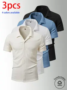 3-Pack Men’s Summer Short Sleeve Shirts, Men’s Short Sleeve Shirt, Men’s Shirt Textured checkered short-sleeve shirt with button design; loose fit, turn-down collar, lightweight and breathable. Available in multiple solid colors for easy matching—suitable