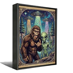 "The Ultimate Out-of-This-World Selfie": Bigfoot & Alien Canvas Art Poster with Optional  Frame.
