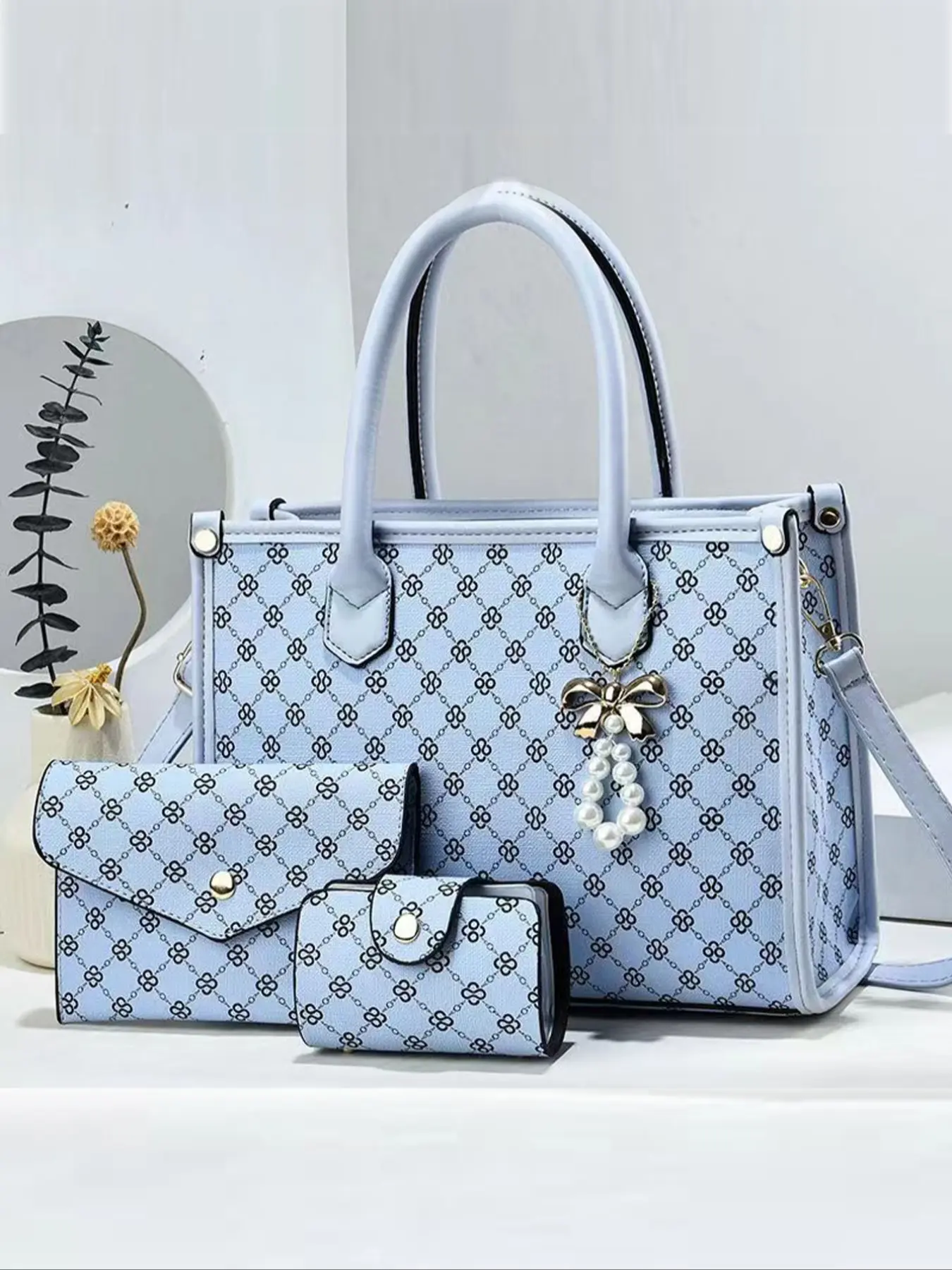 Elegant 3-Piece Handbag Set, Large Capacity Zipper Closure, Stylish Plaid Pattern, Includes Coin Purse & Card Holder, Handbag Wallet Set, Fashion Purses, Elegant Bags