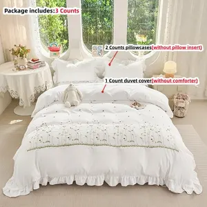 Elegant Embroidered Soft Bedding Set 3 Piece, Includes Fitted Sheet & Pillowcases (no Core), Ruffled Zippered Coverlet, Easy Wash, All Seasons Use, Bedroom Bedding Set