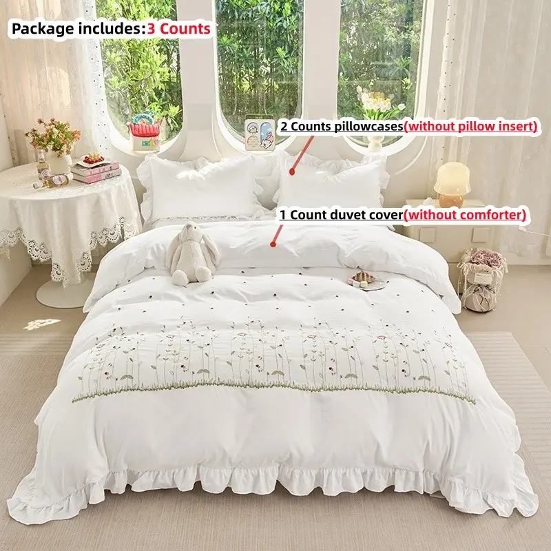 Elegant Embroidered Soft Bedding Set 3 Piece Bed Sets, Includes Fitted Sheet & Pillowcases (no Core), Ruffled Zippered Coverlet, Easy Wash, All Seasons Use, Bedroom Bedding Set