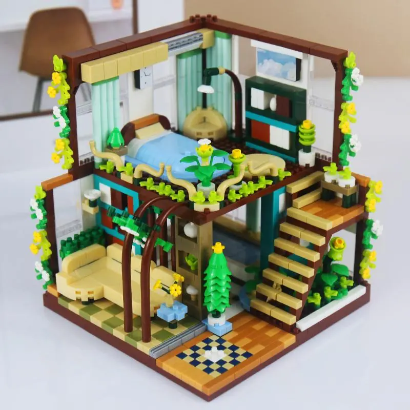 3D Puzzle Cozy Living Lounge DIY Miniature House Kit, 1340pcs/box Building Blocks House Building Set, Doll House Building Blocks
