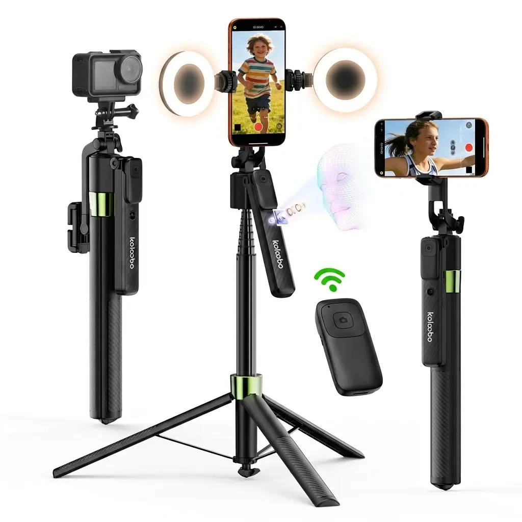 【DealsForYouDays】Koloobo  Phone Selfie Stick Tripod - 360° Rotatable, Bluetooth Remote, Stand, Optional 2 Fill Lights, Textured Black Phone Accessories, Stabilizer Gimbal for Travel, Vloggers