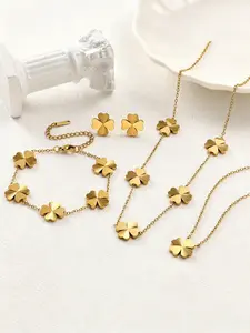 Gold Plated Stainless Steel Four-Leaf Clover Jewelry Set, Delicate Textured Clover Necklace, Bracelet and Earrings