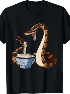 Men' Retro Japanese Anime T-Shirt - Funny King Python Snake Eating Ramen Casual Round Neck Tee Suitable for Year-Round Wear Machine Washable Anime Apparel for Conventions & Everyday Use