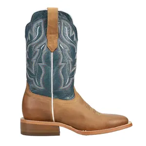 RW Ranch Womens Goat Embroidered Wide Square Toe  Casual Boots Mid Calf Low Heel 1-2" - Blue, Brown