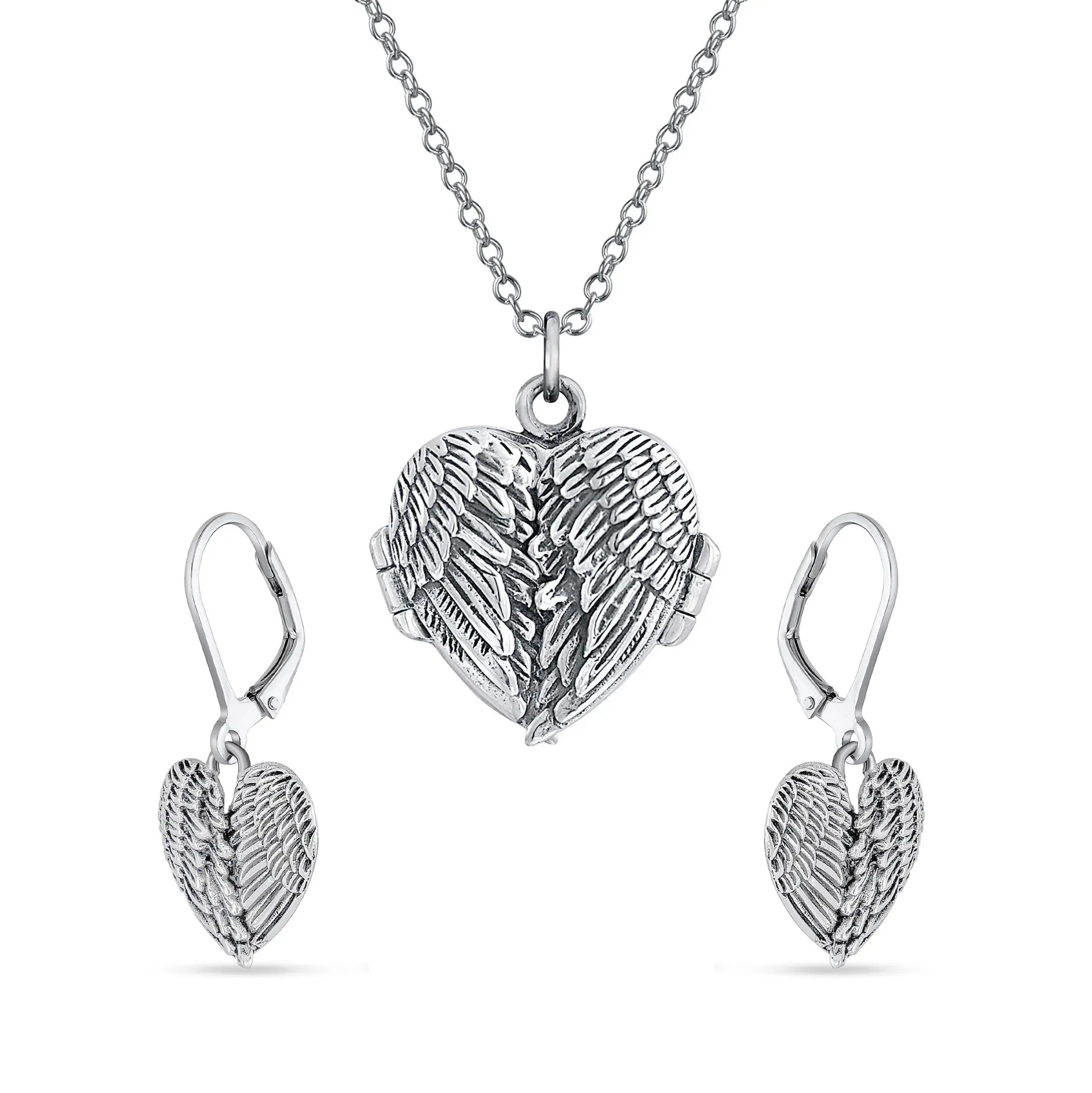 Spiritual Jewelry Set Heart & Angel Wings Locket Necklace & Drop Earrings .925 Sterling Silver