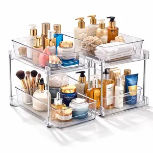 Sorbus 2 Tier Pull-Out Vanity Organizers, 2 Pack Clear Makeup & Skincare Storage Drawers for Bathroom Countertop & Under Sink, Beauty Organization Bins