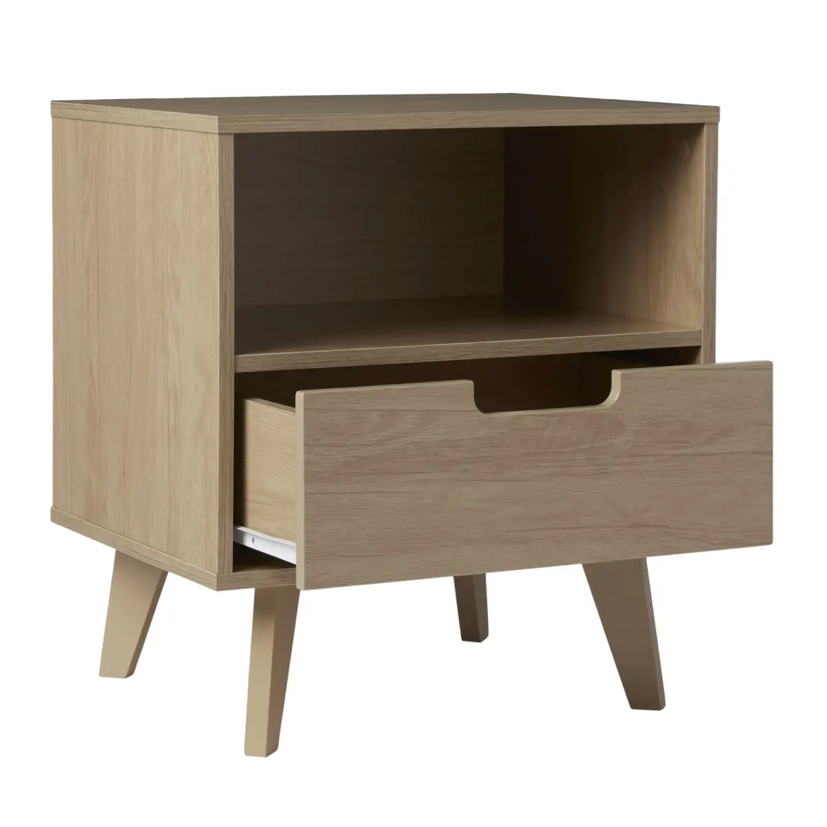 Walker Edison Mid-Century MDF Bedside Cabinet Nightstand Table for Small Spaces - 1 Drawer with Glide, Cutout Handles, Cubby Storage, Tapered Legs, 21.88x15.63x19.75 in, Riviera Finish, 25 lbs, Assembly Required, Indoor Furniture