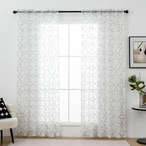 Geometric Pattern Embroidered Curtain, 2 Counts Modern Simple Window Curtain, Home Decorative Curtain for Living Room Bedroom Glass Door, Home Decoration Curtain