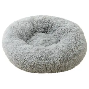 Fluffy Shaggy Donut Pet Bed - Calming Plush Round Cat & Dog Bed - Self-Warming Soft Fur Nest Bed for Anxiety Relief & Deep Sleep - Anti-Slip Bottom Pet Furniture for Indoor Pets
