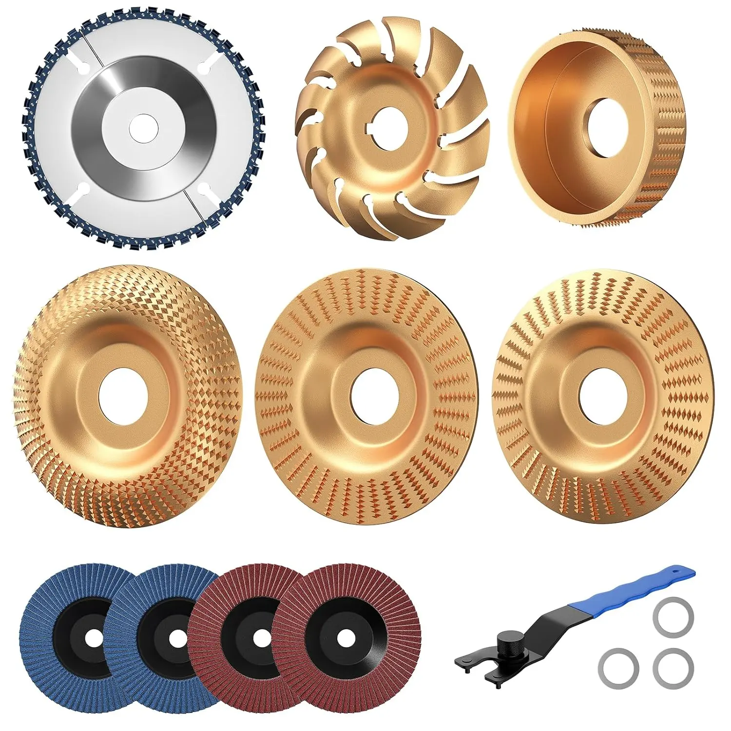 BURMONG 11PCS Wood Carving Disc Set for 4" & 4-1/2" Angle Grinder – Wood Cutting, Carving & Grinding Kit with Chainsaw Disc, Wood Shaping Discs, Flap Sanding Wheels, Adapter Rings & Wrench abrasive tools intelligent diamond accessory shank tiktokshopsprin
