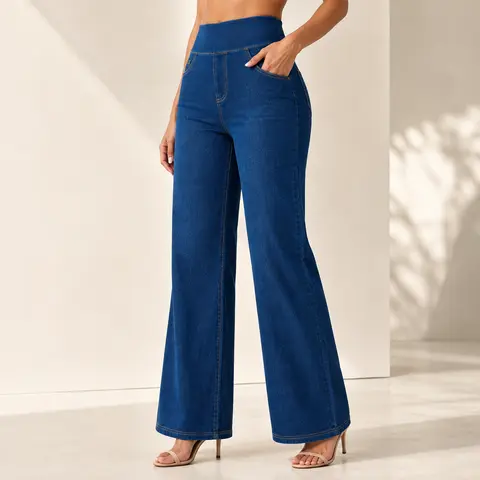 AVAMO Women's High-Waist Stretchy Wide-Leg Jeans - Pull-On Elastic Waist Basic Style Comfy Denim Pants with Pockets for Curvy Women, Office & Casual Wear