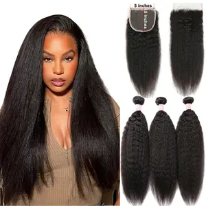 Kinky Straight Bundles With 5x5 Closure 100% Unprocessed Yaki Straight Human Hair Extensions Natural Color Remy Hair Weaving Bundles For Black Women 14''-30'' Length yaki  straight  hair