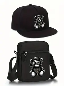 Unisex Hiphop Bear Print Baseball Cap & Stylish Crossbody Bag Set, Street Style Outdoor Sports Hat and Shoulder Bag, Adjustable Fit