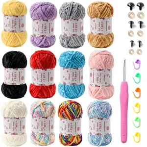 12 Pack Chenille Chunky Yarn -  Soft for Crocheting - White, Red, , Yellow, Blue, Rainbow  - Crochet Blanket and Amigurumi Pack With Accessories