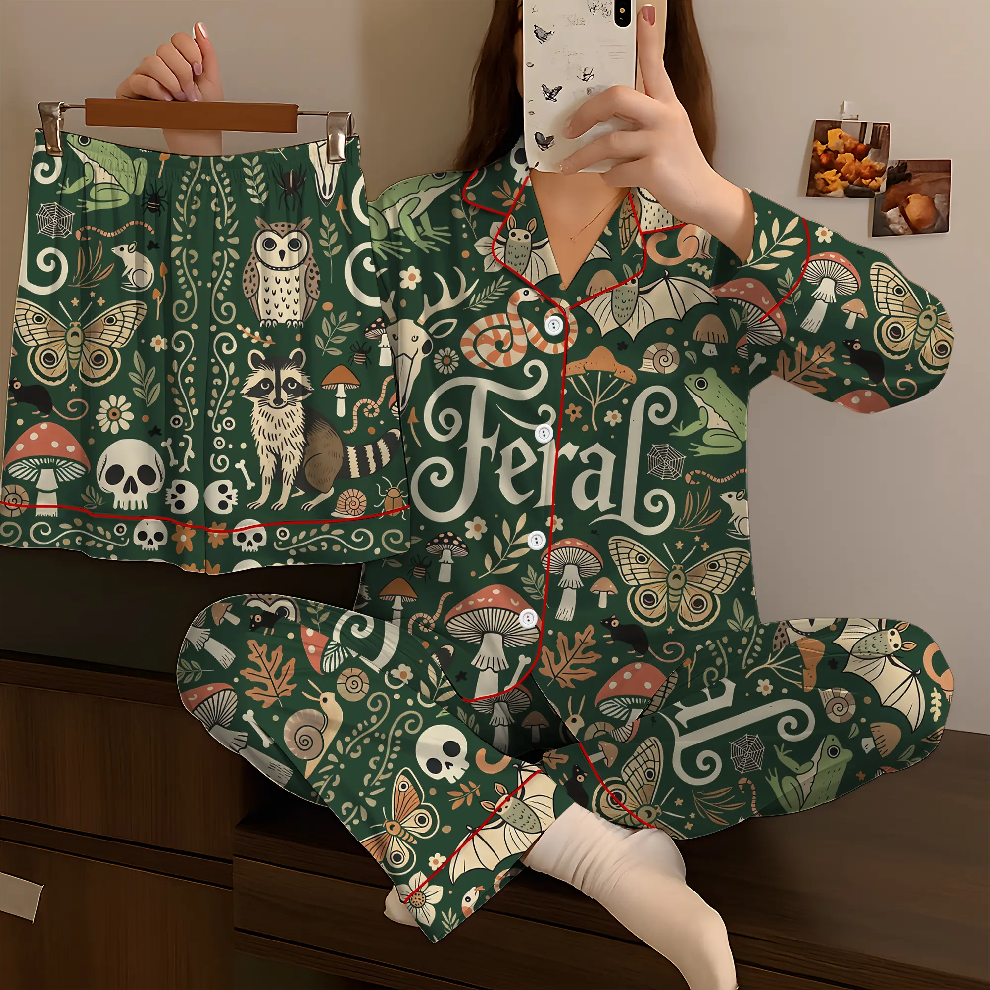 Feral Goblincore Cute Skeleton Moss & Raccoon Nature Lover Satin Pajama Set, Pajama Set Women’s Gifts For Her Feral Goblincore Meme Funny