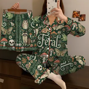 Feral Goblincore Cute Skeleton Moss & Raccoon Nature Lover Satin Pajama Set, Pajama Set Women’s Gifts For Her Feral Goblincore Meme Funny