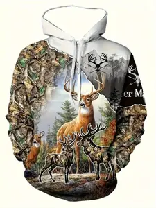 Men's Deer Forest Print Hoodie, Casual Long Sleeve Polyester Pullover with Pocket, Fitted Design for Spring & Fall Outdoor Sports