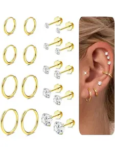 9 Pairs Earrings Sets for Multiple Piercing Hypoallergenic 14K Gold Plated Small Huggie Hoop Earrings for Women Tiny CZ Gold Flat Back Stud Earrings for Women Lobe Helix Cartilage Earrings Flat Pierced Earring