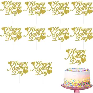 Happy Mother's Day Cake Toppers 20Pcs Glitter Heart Cupcake Topper for Mother's Day Mom's Birthday Party Cake Decoration, Gold