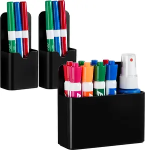 3 Pcs Magnetic Marker Holder for Whiteboard, Plastic Magnet Dry Erase Marker Holders for Fridge Refrigerator, Pen Pencil Cup Holder for School, Classroom Accessories, Locker Organizer-Balck
