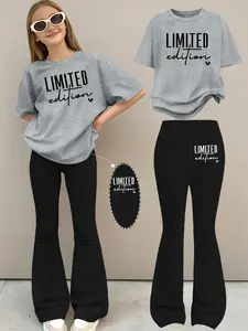 2-Piece Girls' Summer Fashion Set: Printed Drop-Shoulder Short-Sleeve Round-Neck T-Shirt + Stretch Flared Pants, Girls' Long Pants Set