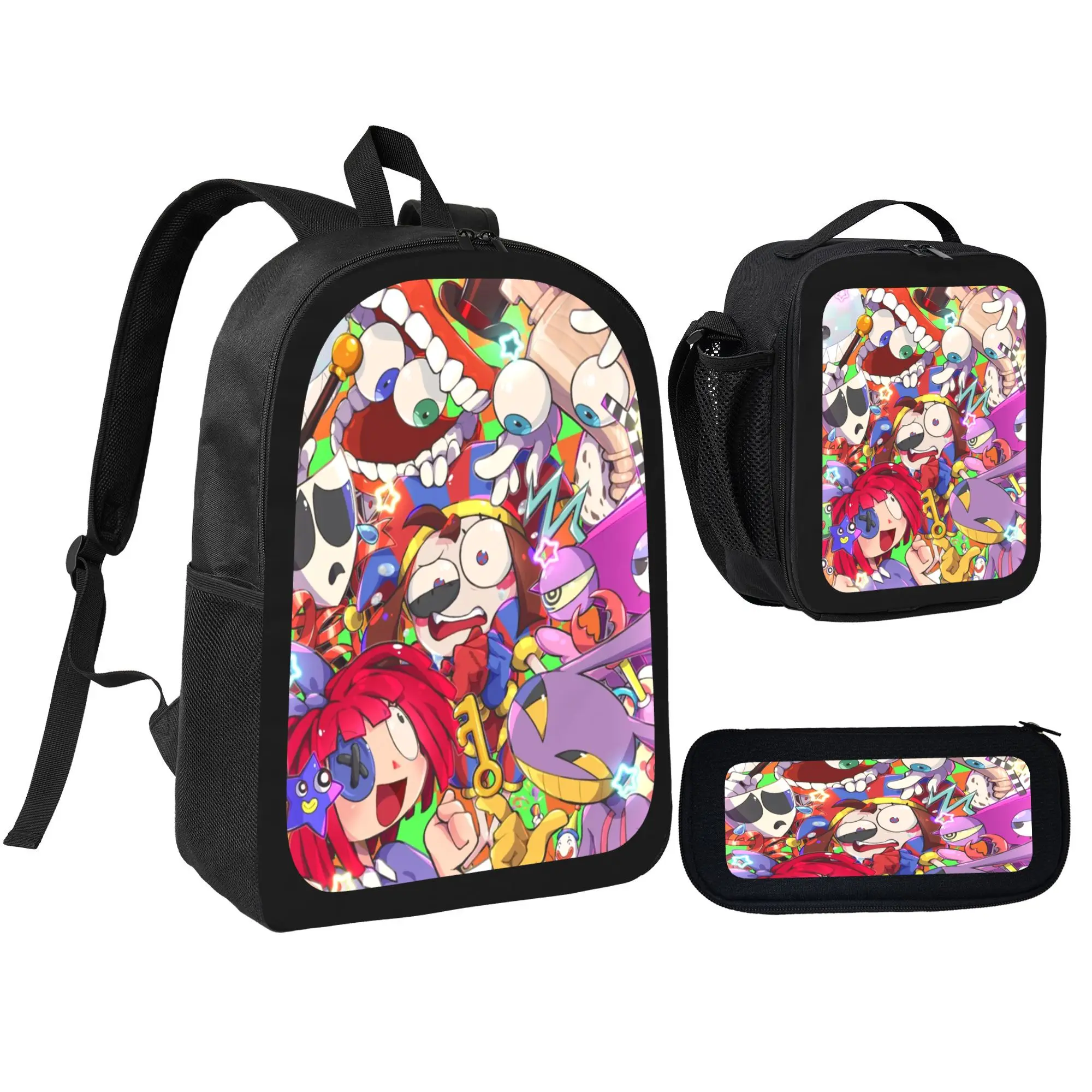 3-Piece Digital Circus Backpack Set with Lunch Box and Pencil Case, Unisex Casual Oxford Fabric Daypack for School Students, Zipper, Multi-Use