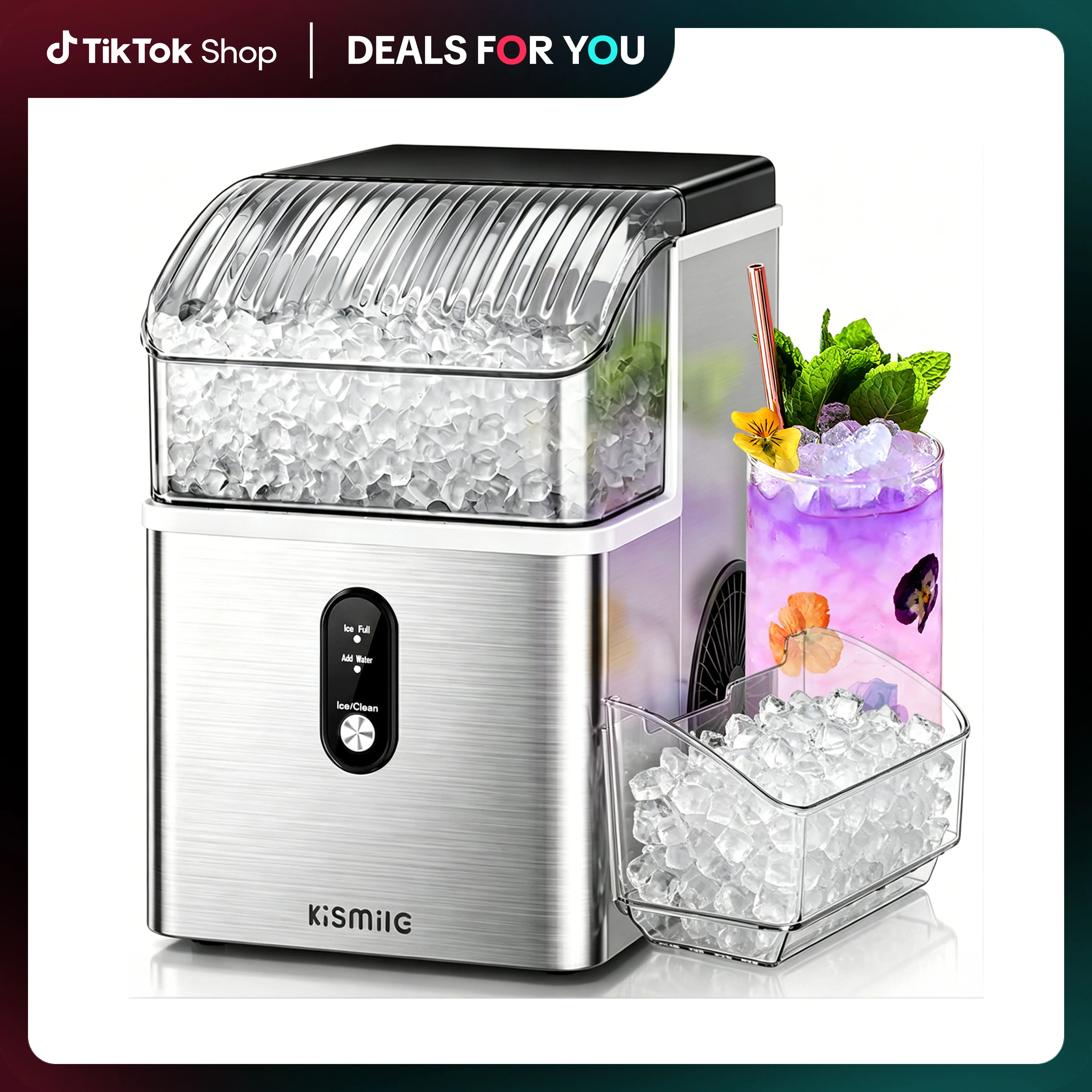Kismile Countertop Nugget Ice Maker, 35Lbs/24H Fast Ice Making, 7 Mins Quick First Ice, Self-Cleaning Pebble Ice Machine with 1.2L Water Tank, Portable Ice Maker for Home Kitchen Office Bar, Silver