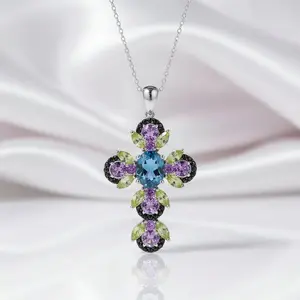 Vintage Oval-cut Natural London Blue Topaz Cross Necklace