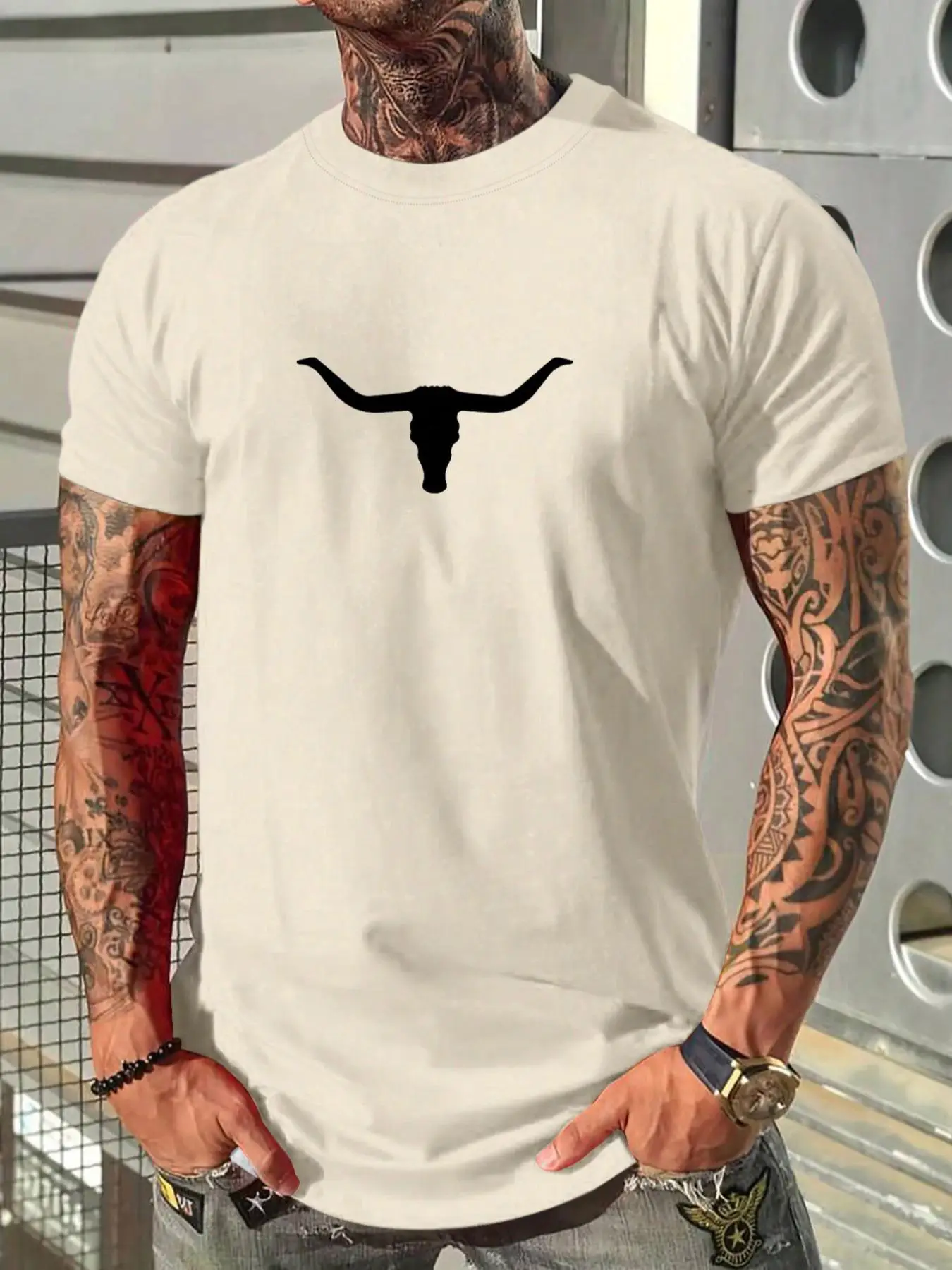 Men's Regular Fit Bull Print Round Neck Tee, Casual Short Sleeve Crew Neck T-Shirt for Summer, Mens Clothes for Daily Wear