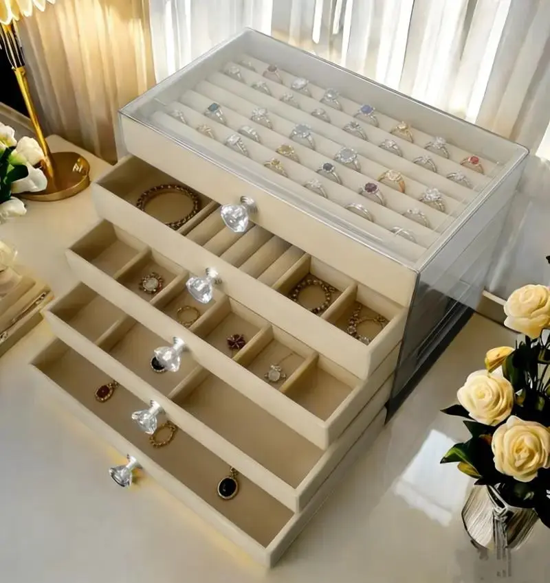 Multi-Layer Drawer Jewelry Storage Box with Clear Lid, Velvet Lined Large Desktop Jewellery Organizer for Rings Earrings Necklaces