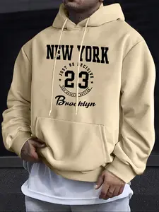 Men's New York Brooklyn Print Hoodie, Kangaroo Pocket, Drawstring Design, Casual Long Sleeve Pullover for Fall & Winter