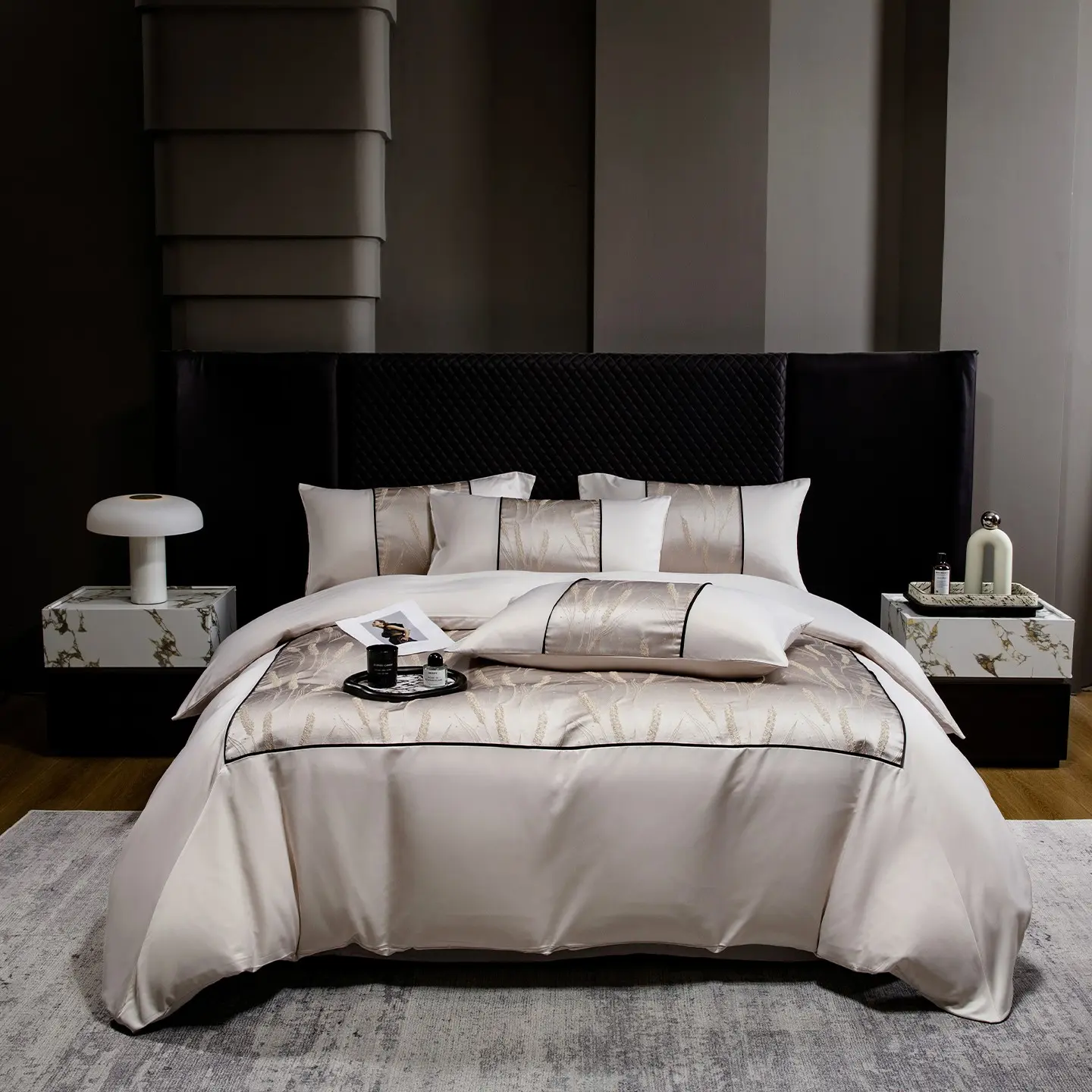 Luxury Champagne Gold Tencel Duvet Cover Set, Jacquard Patchwork, Silky Cool Bedroom Bedding, Minimalist Premium Home, 3Pcs (1 Duvet Cover + 2 Pillowcases)
