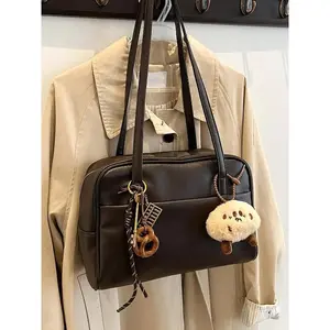 Retro simple leather handbag, interesting pendant decoration, fashionable  exquisite niche personality shoulder underarm bag, trendy and versatile large capacity, suitable for daily commuting, shopping, etc., Crossbody Tote Bag
