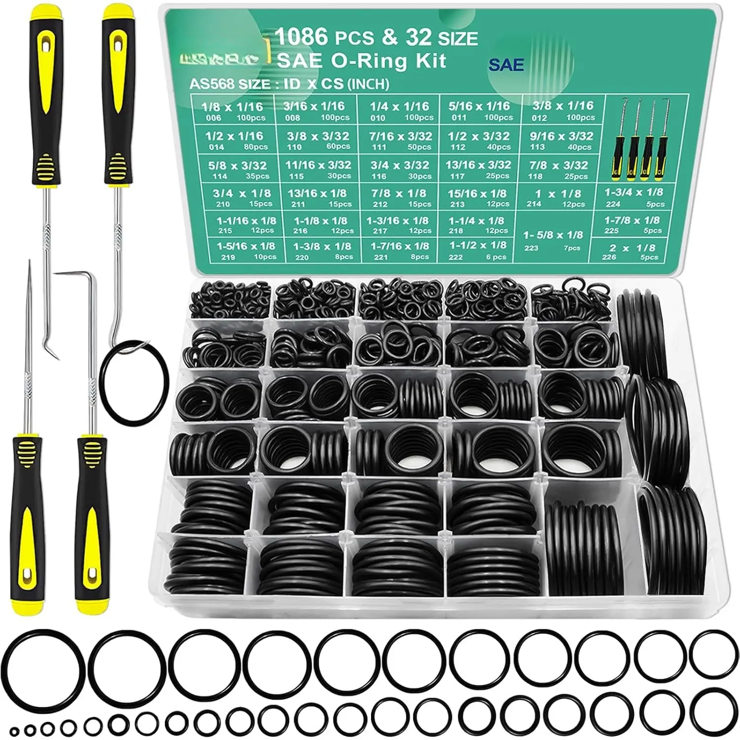 1086 count 32 Size SAE O Ring Assortment Kit Standard Buna-N Rubber O'ring Set with 4 Pick & Hook for Automotive Hydraulic Faucet Plumbing Sealing Repair ID:1/8-2 Inch