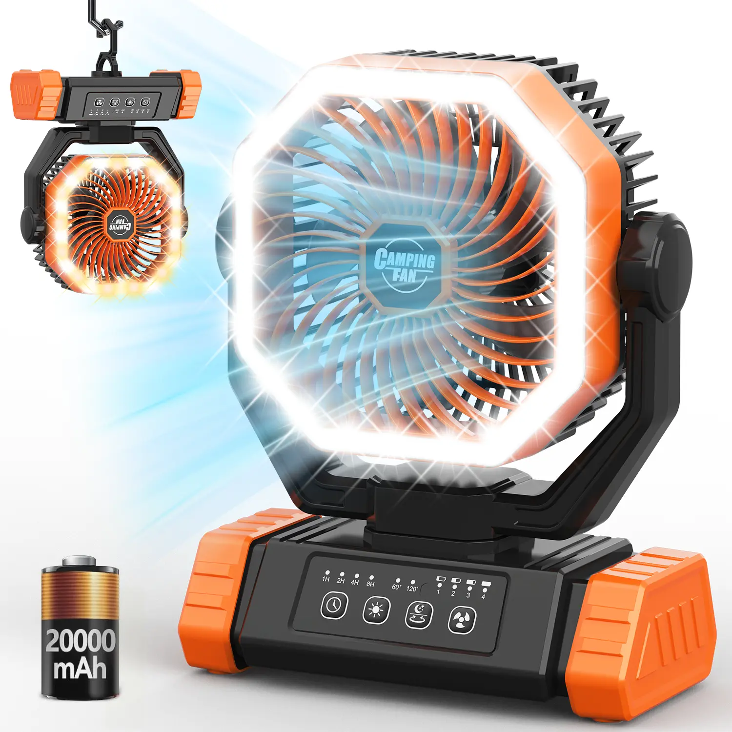Camping Fan Rechargeable, Large Capacity Battery Powered Fans, 270° Adjustable Rechargeable Fan Portable with LED Light, 4 Speed Cordless Battery Operated Fans with Hanging Hook for Tent Beach Outdoor