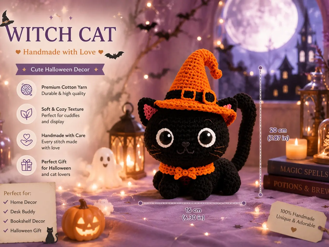 Handmade Halloween Black Cat Crochet Doll Keychain - Cute Witch Cat Amigurumi with Orange Hat, Holiday Gift Accessory, Home Decor