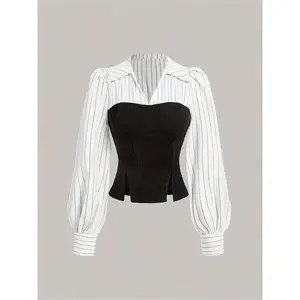 Elegant Women’s Striped Patchwork Shirt for Office Siren Outfits