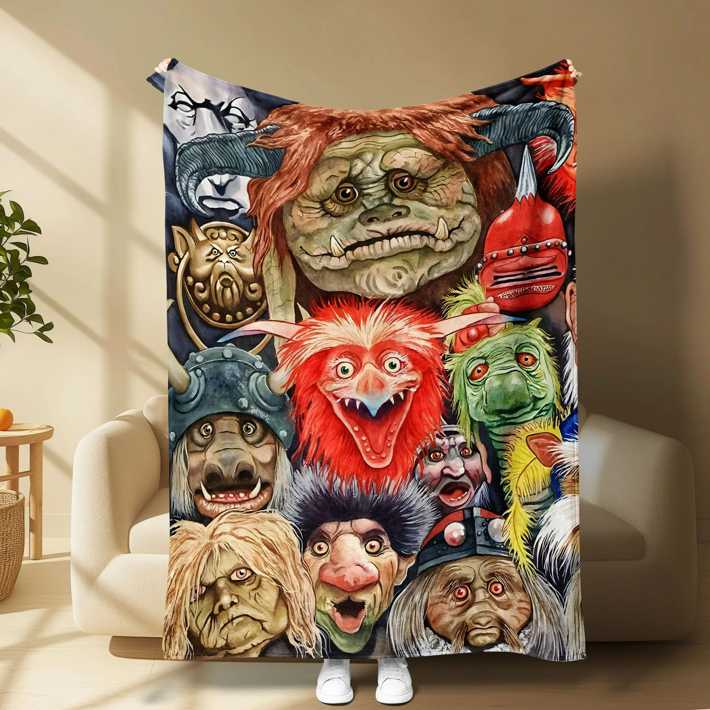 Vintage Fantasy Monster Flannel Blanket, Dark Goblin Fantasy Throw Blanket, Medieval Monster Sofa Blanket, Nostalgic Aesthetic Nap Blanket, Cozy Warm Blanket, Fluffy Soft Blankets, Decorative Sofa Blanket, Soft Comfy Blanket