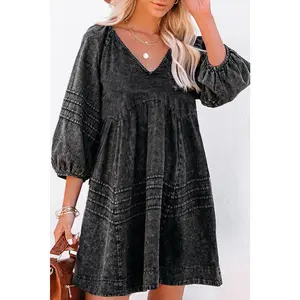 Black Dark Wash Empire Waist V Neck Denim Dress